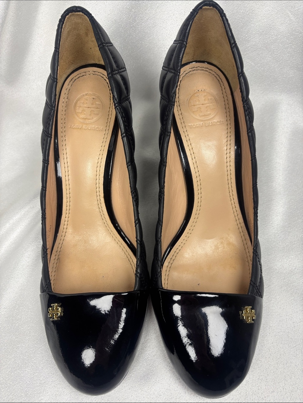 Tory Burch Black Quilted Patent  Wedges with Logo